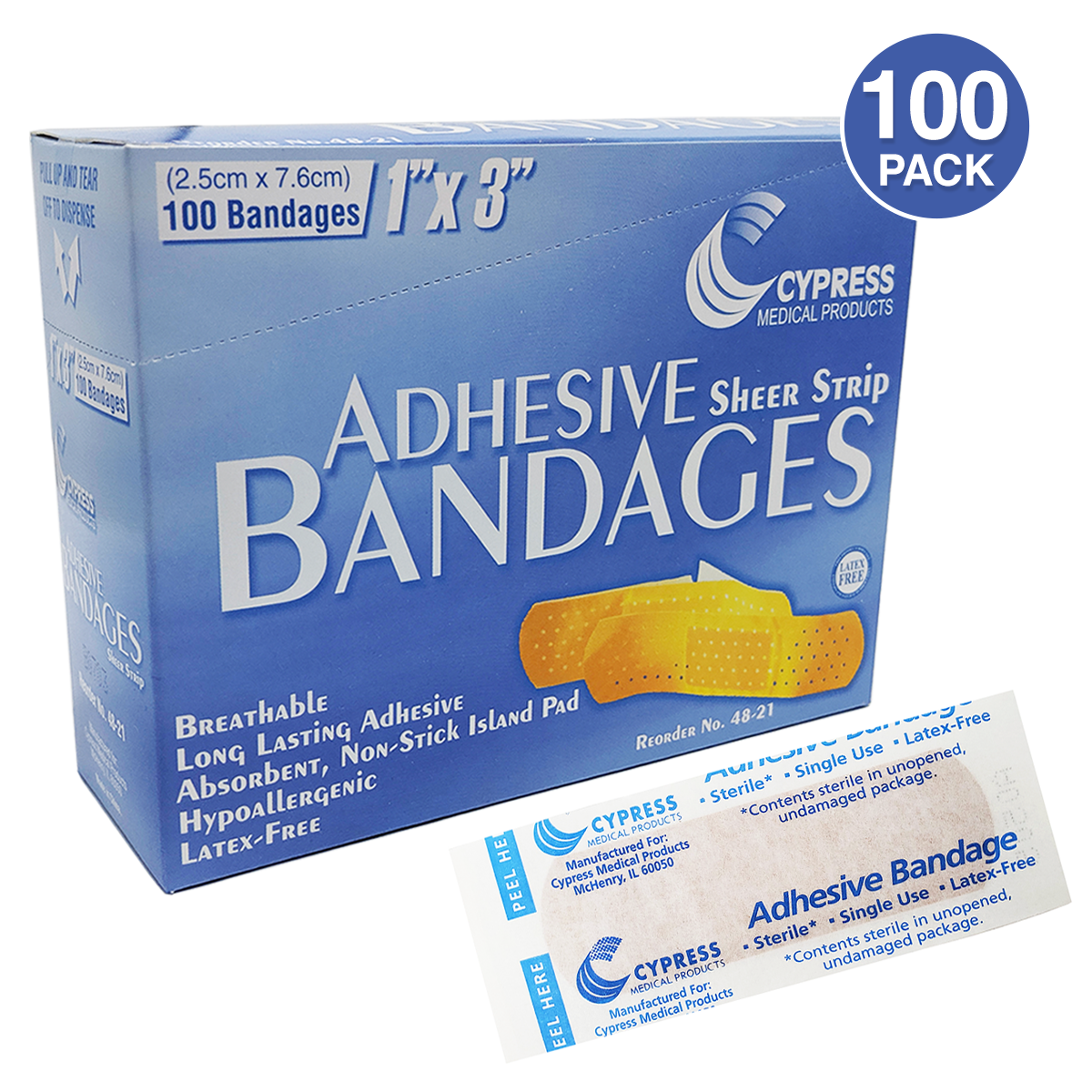 Cypress Medical 1" x 3" Adhesive Band-aids Sterile Latex Free (100 ct)