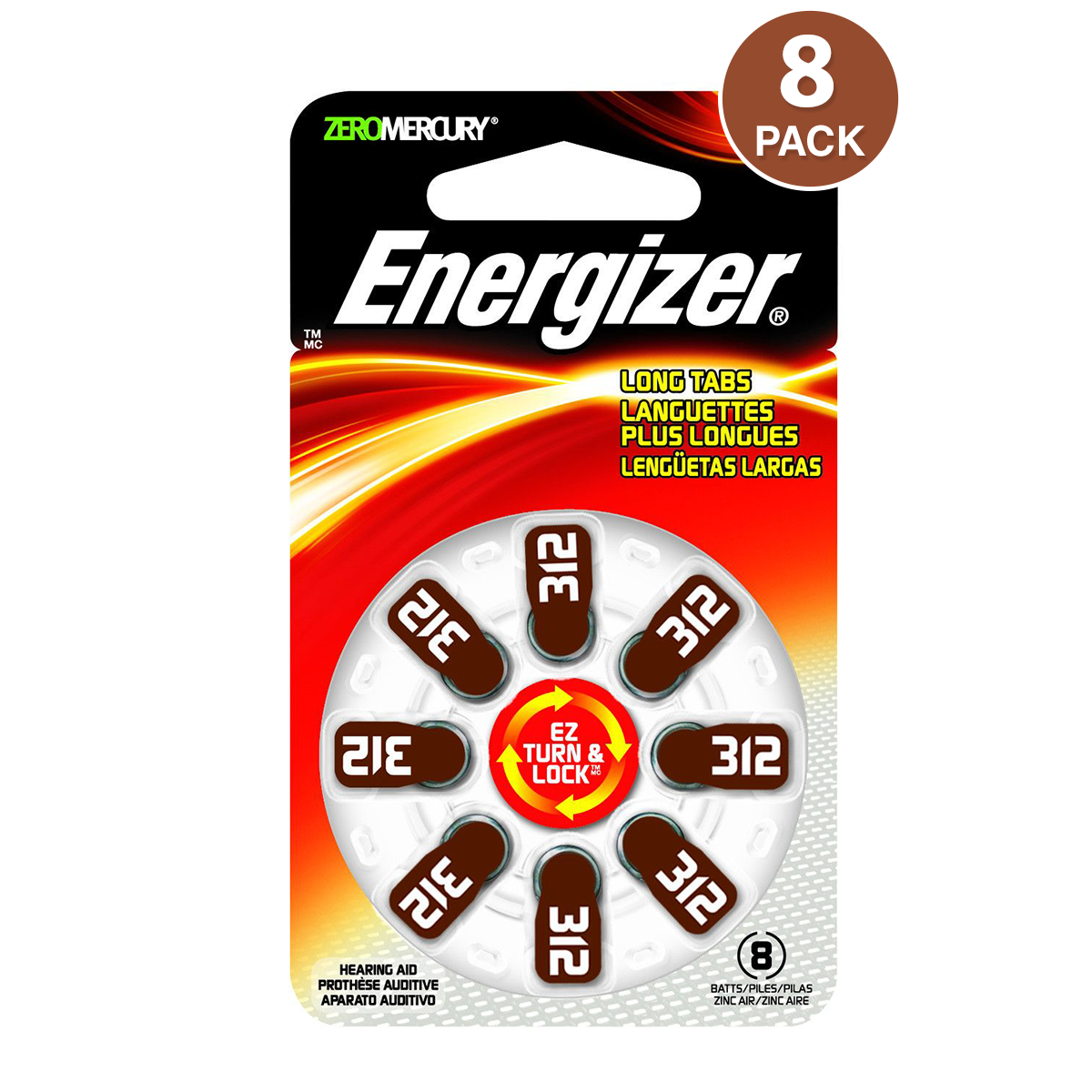 Energizer Size 312, EZ Lock & Turn Zero Mercury, Hearing Aid Battery (8 pcs)