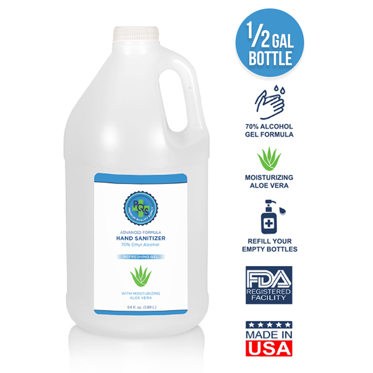 Hand Sanitizer Gel 1/2 Gallon Jug Refill - 70% Alcohol w/ Aloe & Lemon Scent: Made in USA: FDA reg. Facility