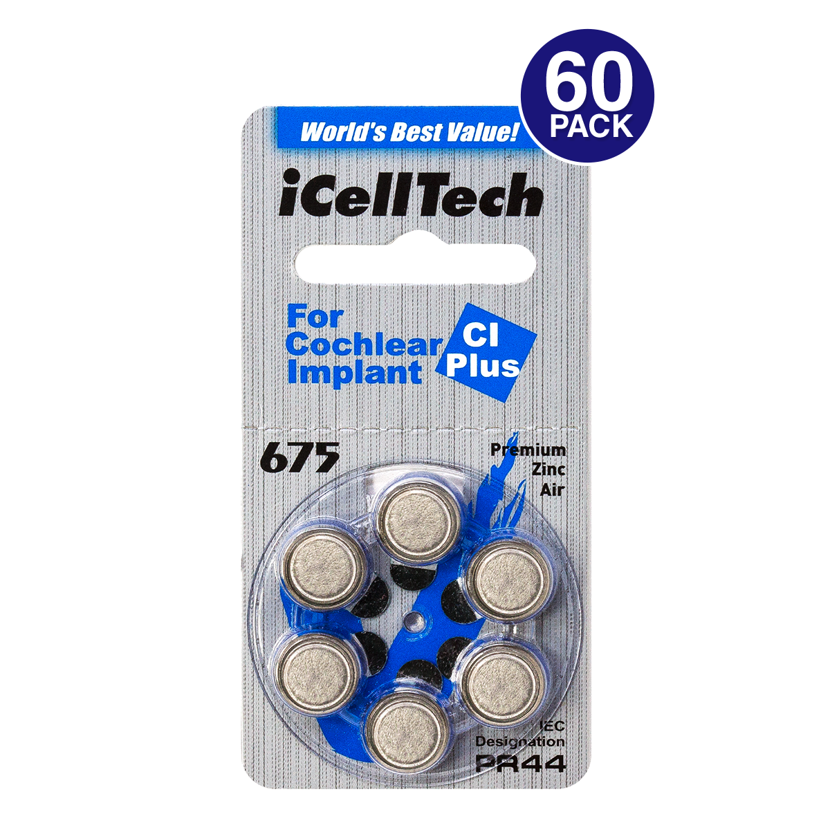 iCelltech Platinum Plus Size 675P Cochlear Implant Battery (60 pcs.)