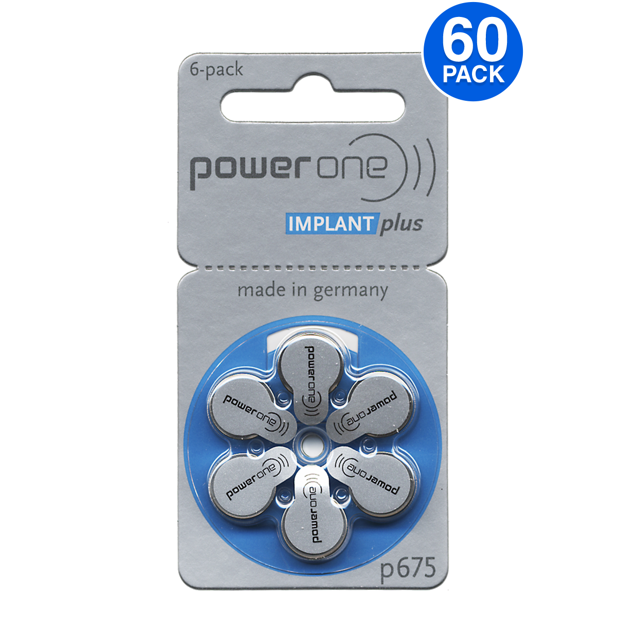 60 PowerOne Size 675 Implant Plus Hearing Aid Batteries Mercury Free