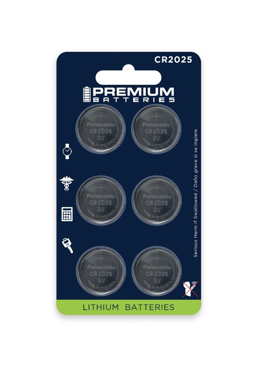 Premium Batteries CR2025 Battery 3V Lithium Coin Cell (6 Panasonic Batteries) (Child Resistant Packaging)