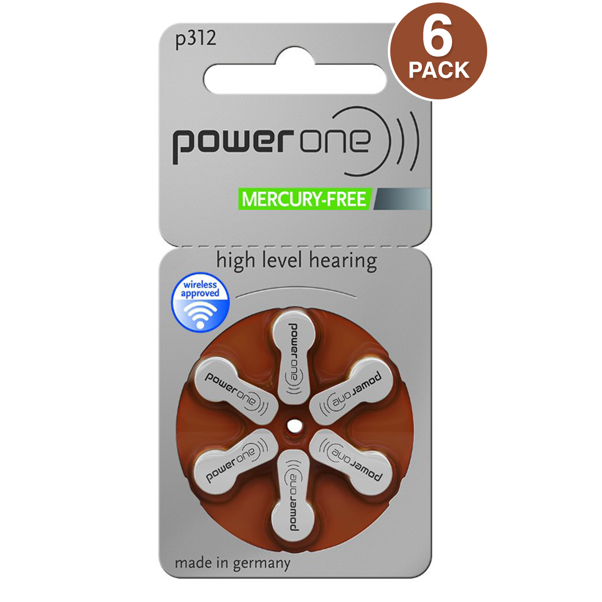 Power One Hearing Aid Battery, Size P312, Mercury-Free (6 pcs.)