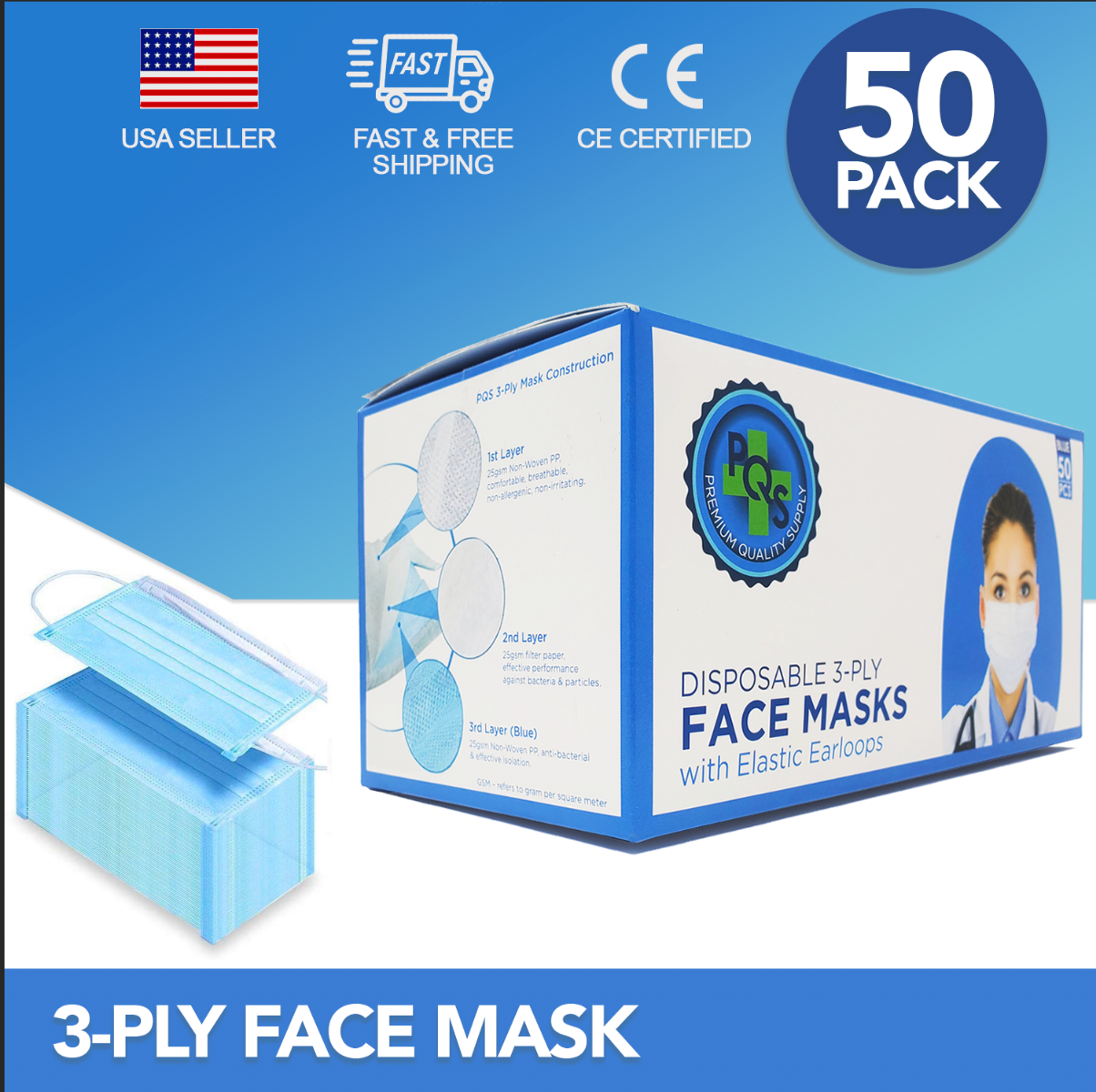 PQS 3-Ply Face Mask - 50 PCS - Disposable, Breathable, Hypoallergenic