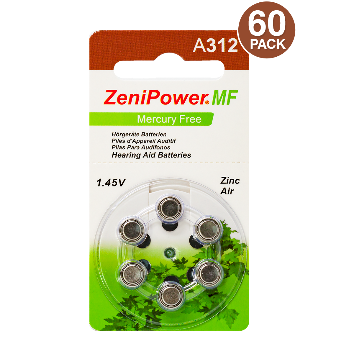 ZeniPower Size 312 Hearing Aid Battery, Mercury-Free (60 Pcs.)