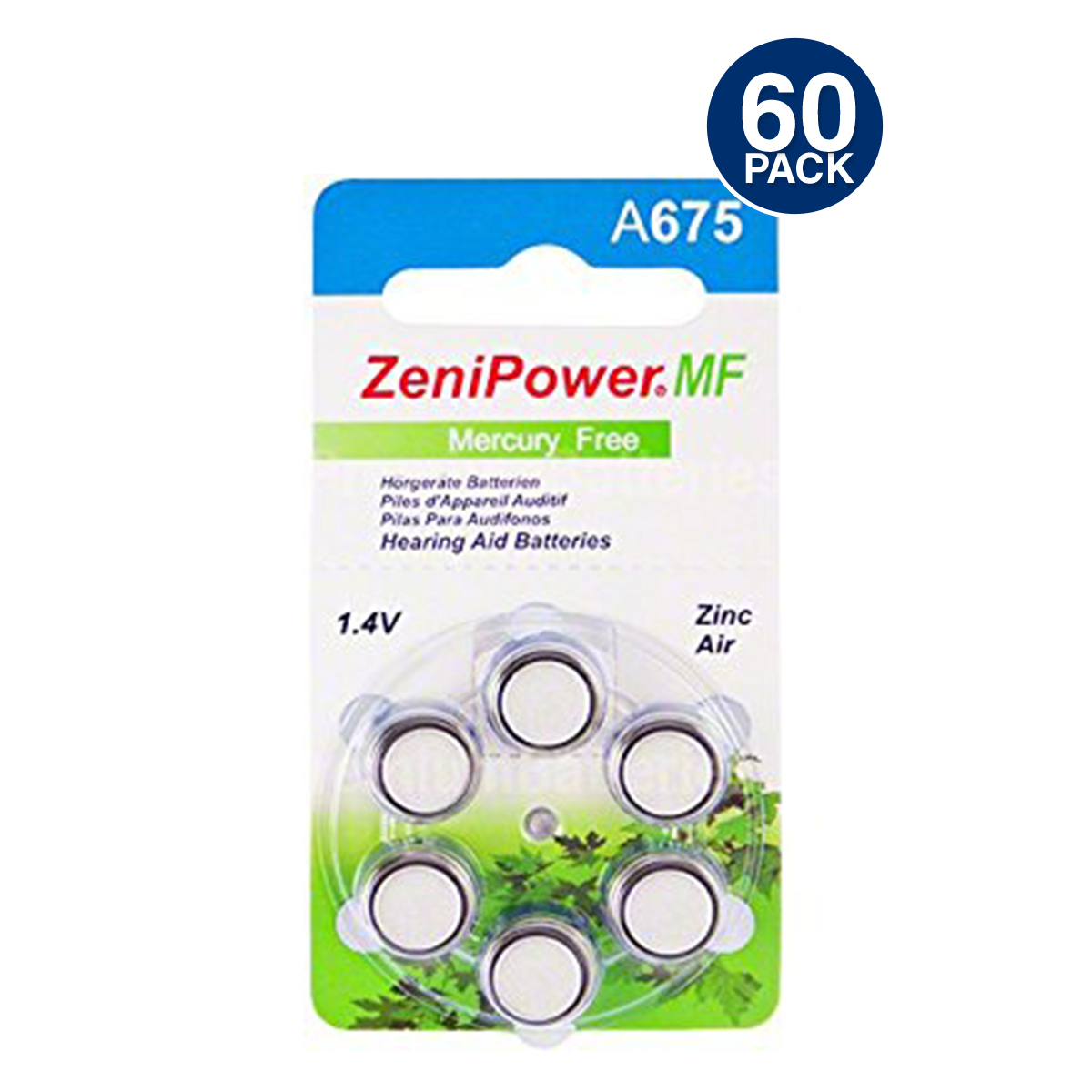 ZeniPower A675 Zinc Air Batteries 60 pcs - MERCURY FREE