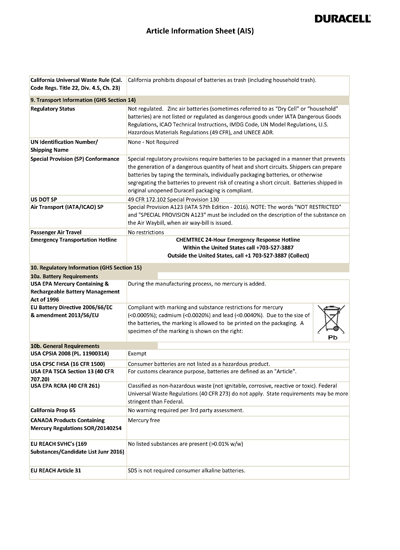 Technical Specifications for Duracell Activair 312 Hearing Aid Battery