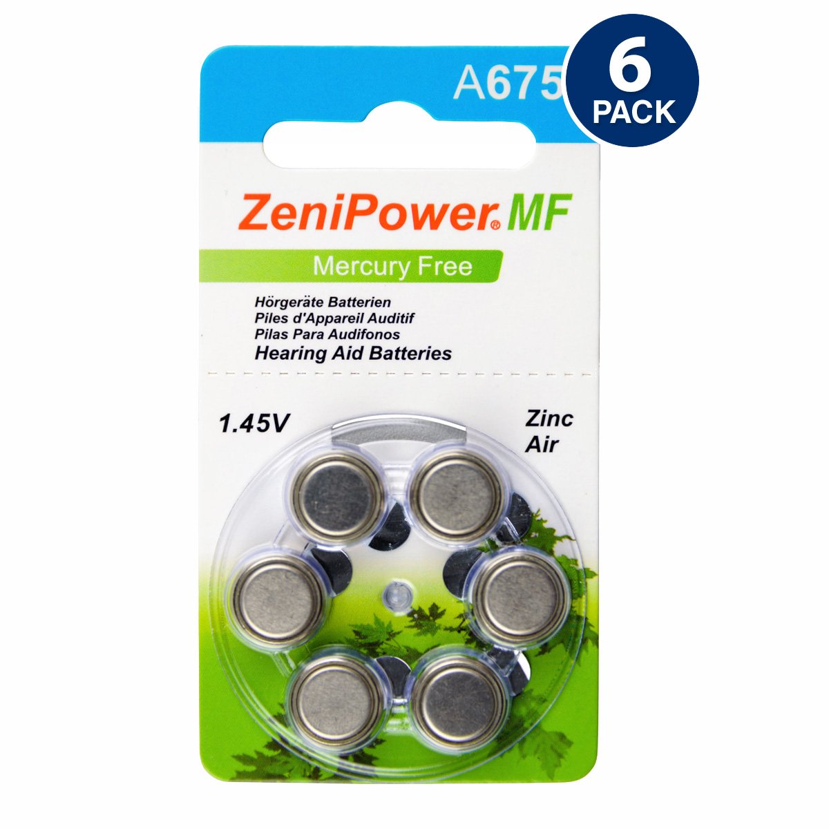 ZeniPower Size 675 Hearing Aid Battery Mercury-Free (6 pcs.)