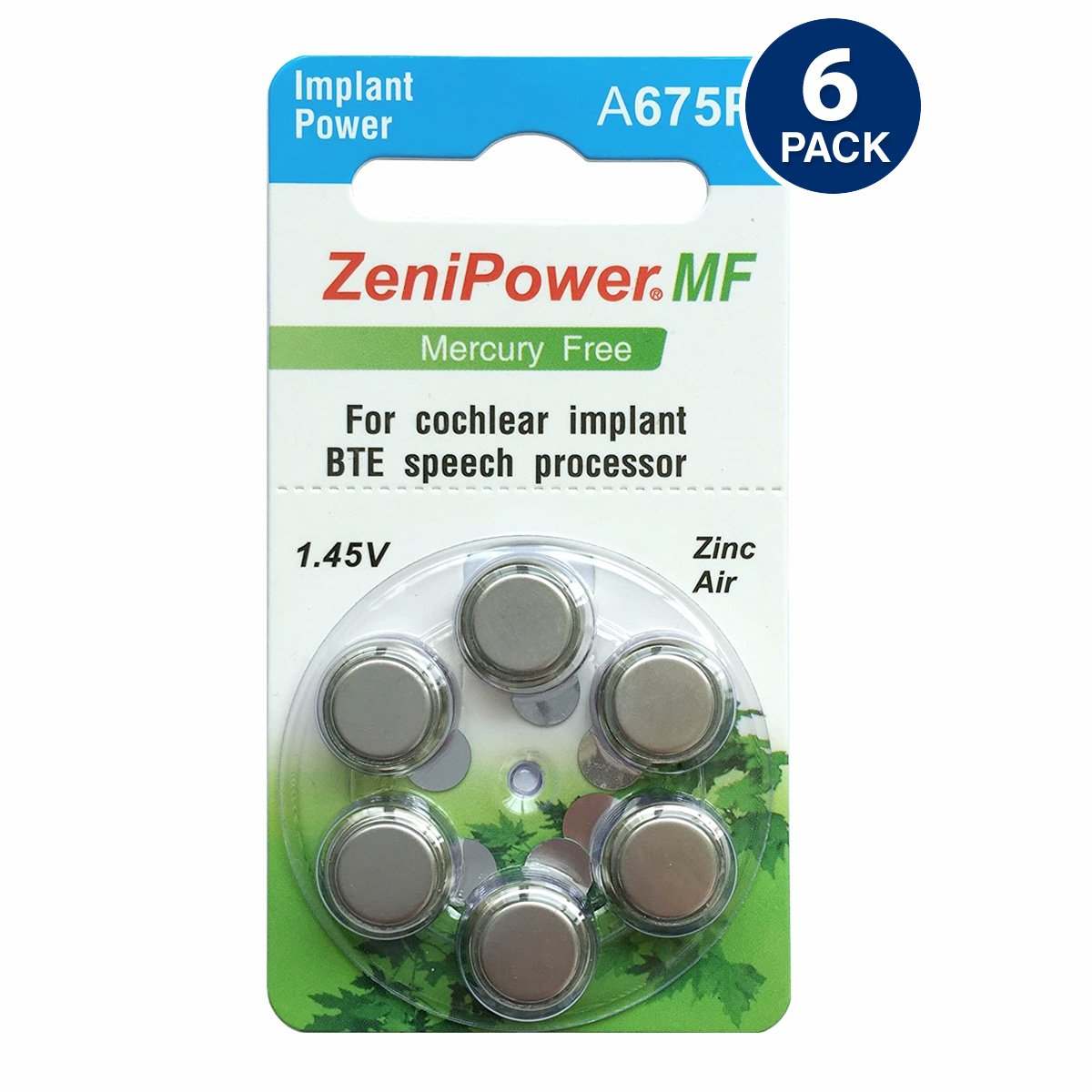 ZeniPower Size 675P Cochlear Implant Battery Mercury-Free (6 pcs.)
