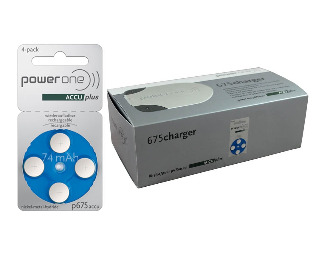 Power One ACCU Plus Rechargeable Hearing Aid Battery, Size P675 + Charger