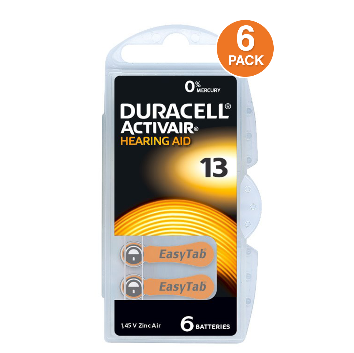 Duracell Activair 13 Hearing Aid Battery, 6 Pcs - Mercury Free