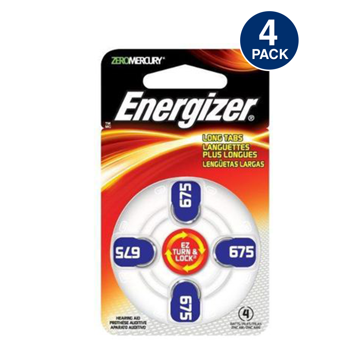 Energizer Size 675, EZ Lock & Turn Zero Mercury, Hearing Aid Battery (4 pcs)