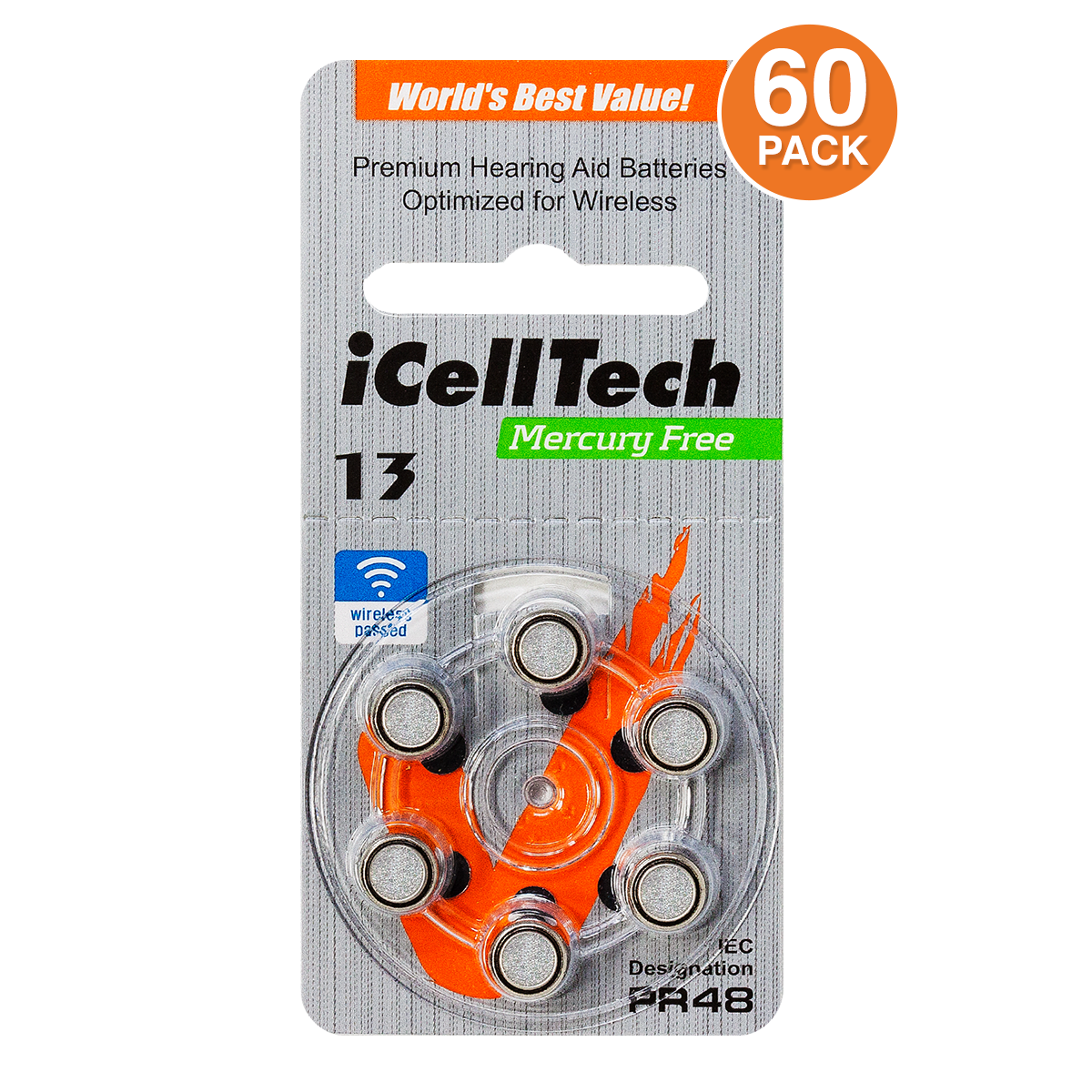 iCellTech Platinum Size 13 Hearing Aid Batteries (60 pcs)