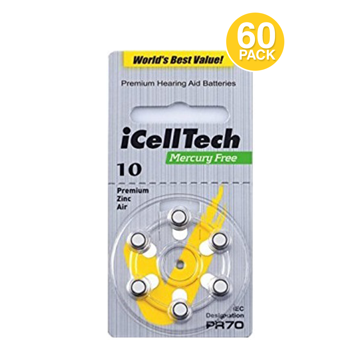 iCellTech Platinum Size 10 Hearing Aid Batteries (60pcs)