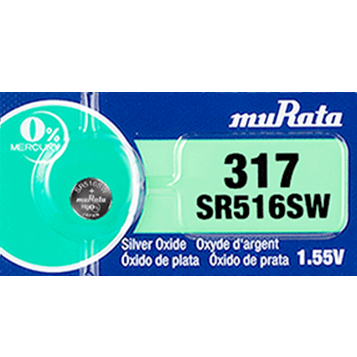 Murata 317 Battery (SR516SW) (formerly SONY) Silver Oxide Watch 1.55V (1 Battery)