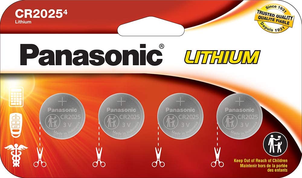 Panasonic CR2025 3.0V Long Lasting Lithium Coin Cell Batteries in (4 Pack) ( Child Resistant, Standards Based Packaging)