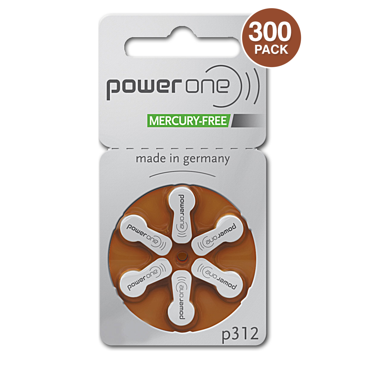 Power One Hearing Aid Battery, Size P312, Mercury-Free (300 pcs.)