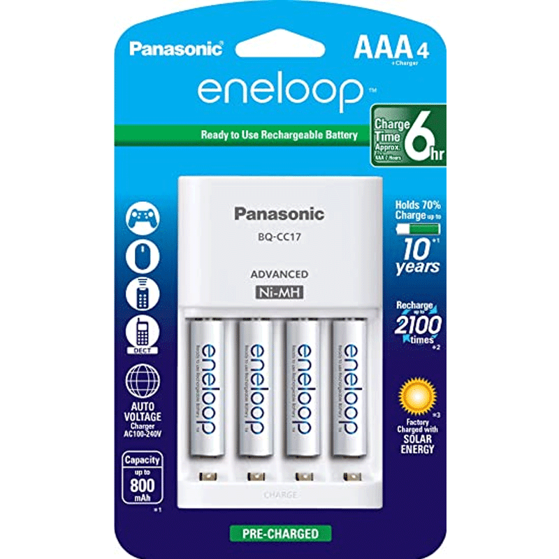 Panasonic Eneloop Advanced Quick 6-hour Charger + AAA (800mAh) Pre-Charged Rechargeable Ni-MH Batteries (4 Pack)