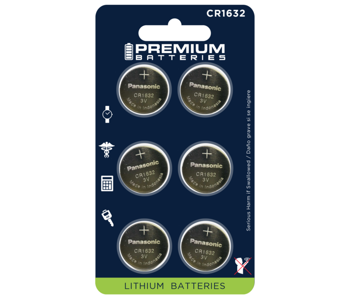 Premium Batteries CR1632 Battery 3V Lithium Coin Cell (6 Panasonic Batteries) (Child Resistant Packaging)