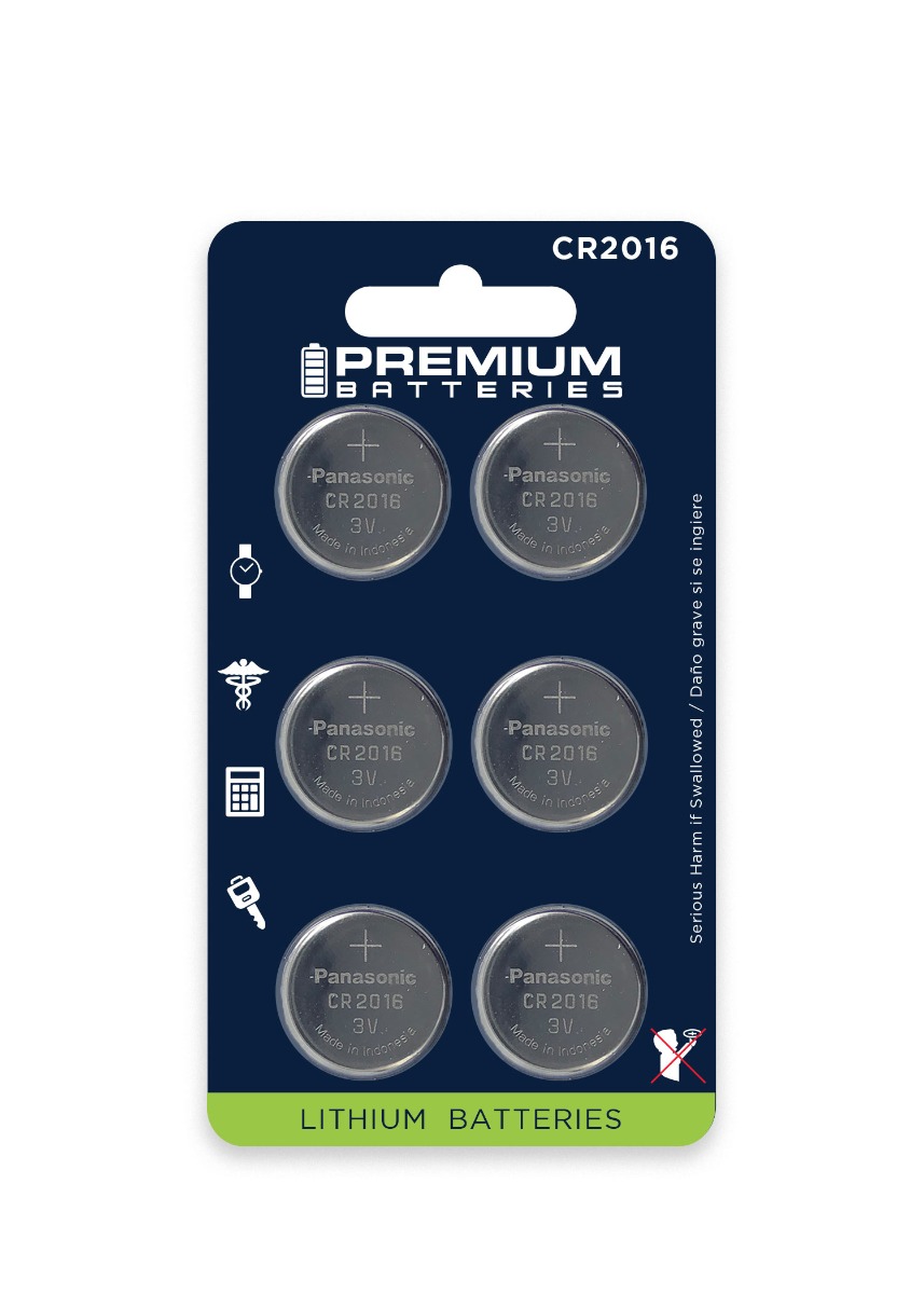Premium Batteries CR2016 Battery 3V Lithium Coin Cell (6 Panasonic Batteries) (Child Resistant Packaging)