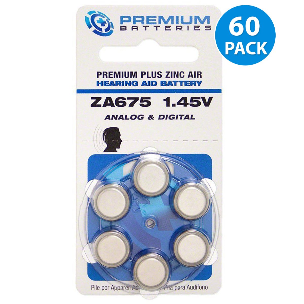 Premium Batteries Premium Plus size 675 zinc air mercury free hearing aid batteries dial card 60 pcs