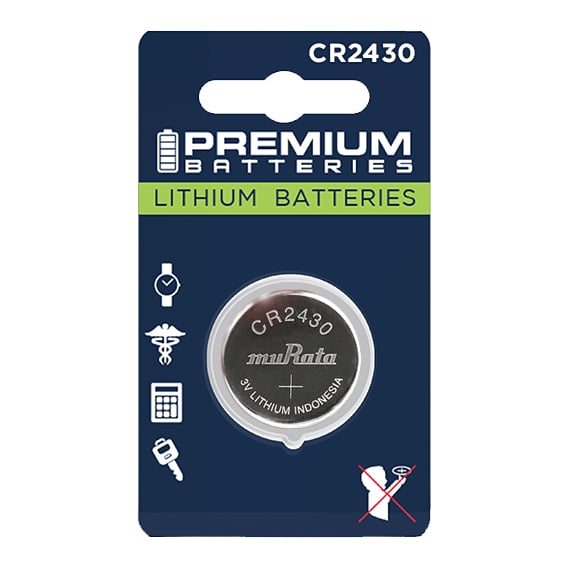 Premium Batteries CR2430 Battery 3V Lithium Coin Cell (1 Murata Batteries) (Child Resistant Packaging)