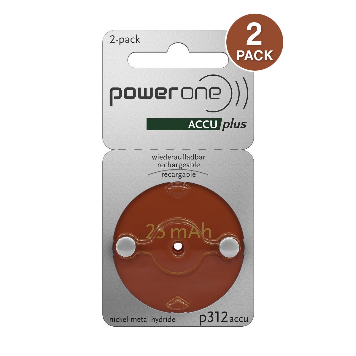 Power One ACCU Plus Rechargeable Battery, Size P312 (2 pcs.)