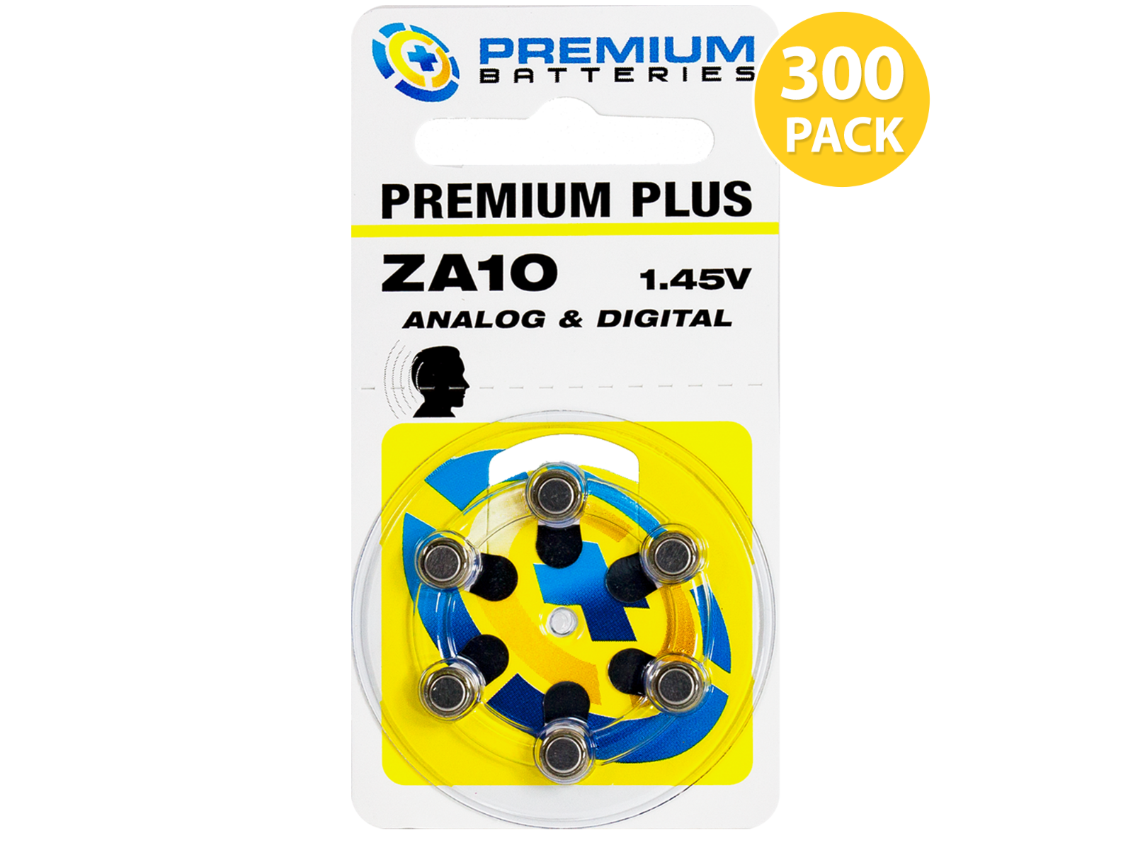 Premium Batteries Premium Plus Size 10 Zinc Air Mercury Free Hearing Aid Batteries, Dial Card (300 pcs.)