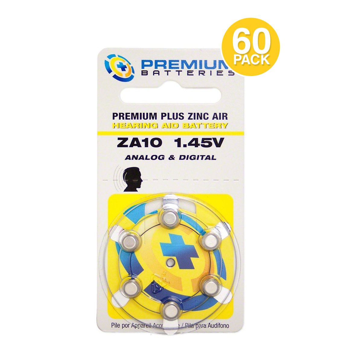 Premium Batteries Premium Plus Size 10 Zinc Air Mercury Free Hearing Aid Batteries, Dial Card (60 pcs.)