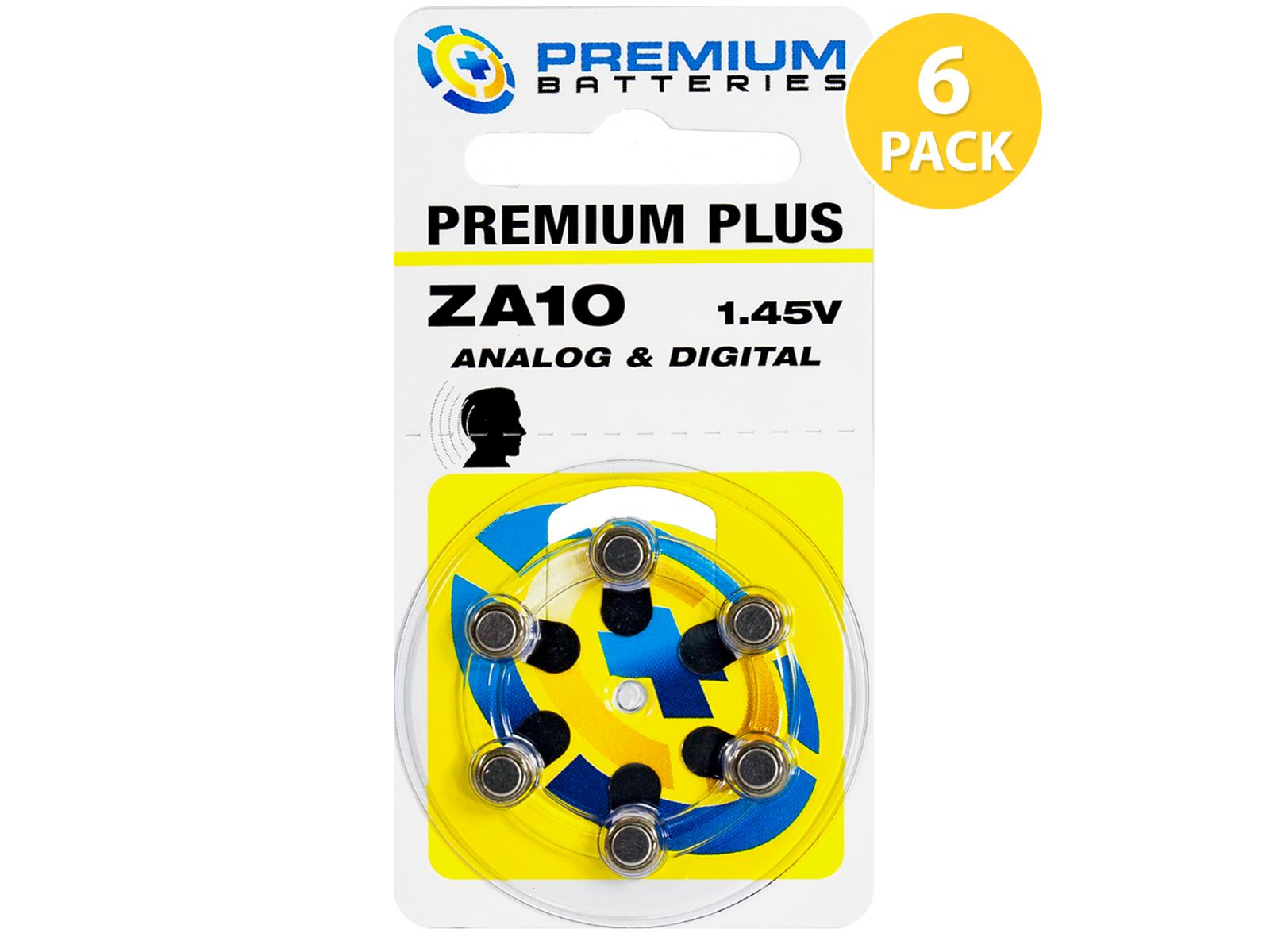 Premium Batteries Premium Plus Size 10 Zinc Air Mercury Free Hearing Aid Batteries, Dial Card (6 pcs.)