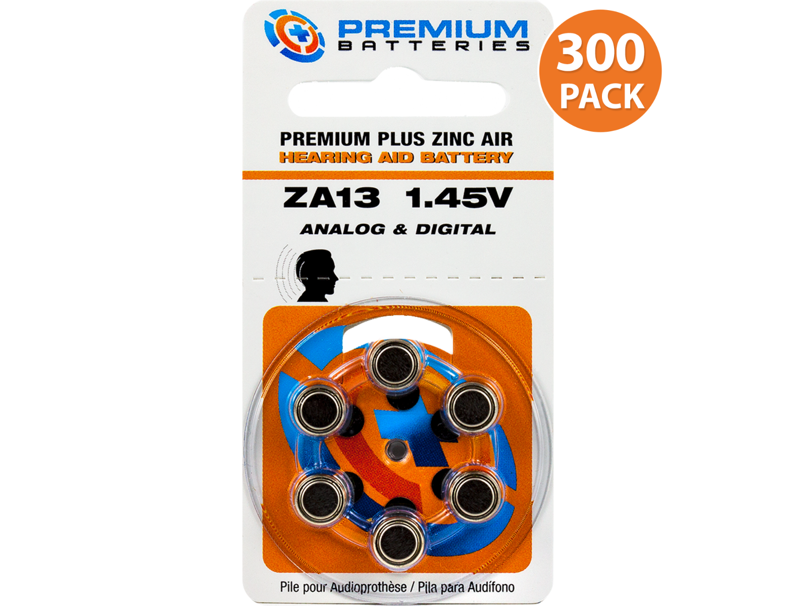 Premium Batteries Premium Plus Size 13 Zinc Air Mercury Free Hearing Aid Batteries, Dial Card (300 pcs.)