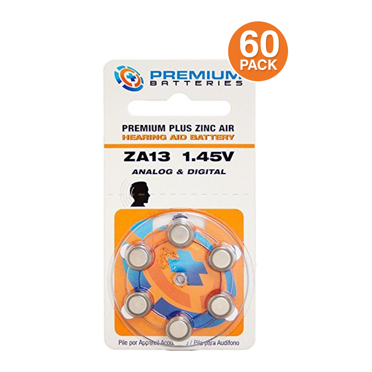 Premium Batteries Premium Plus Size 13 Zinc Air Mercury Free Hearing Aid Batteries, Dial Card (60 pcs.)