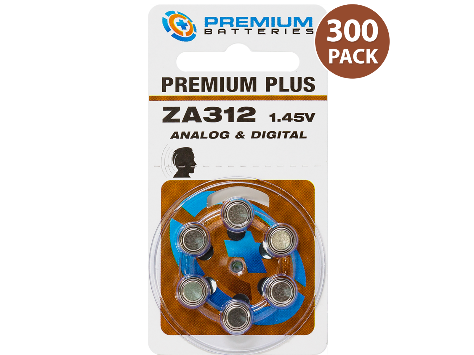 Premium Batteries Premium Plus Size 312 Zinc Air Mercury Free Hearing Aid Batteries, Dial Card (300 pcs.)