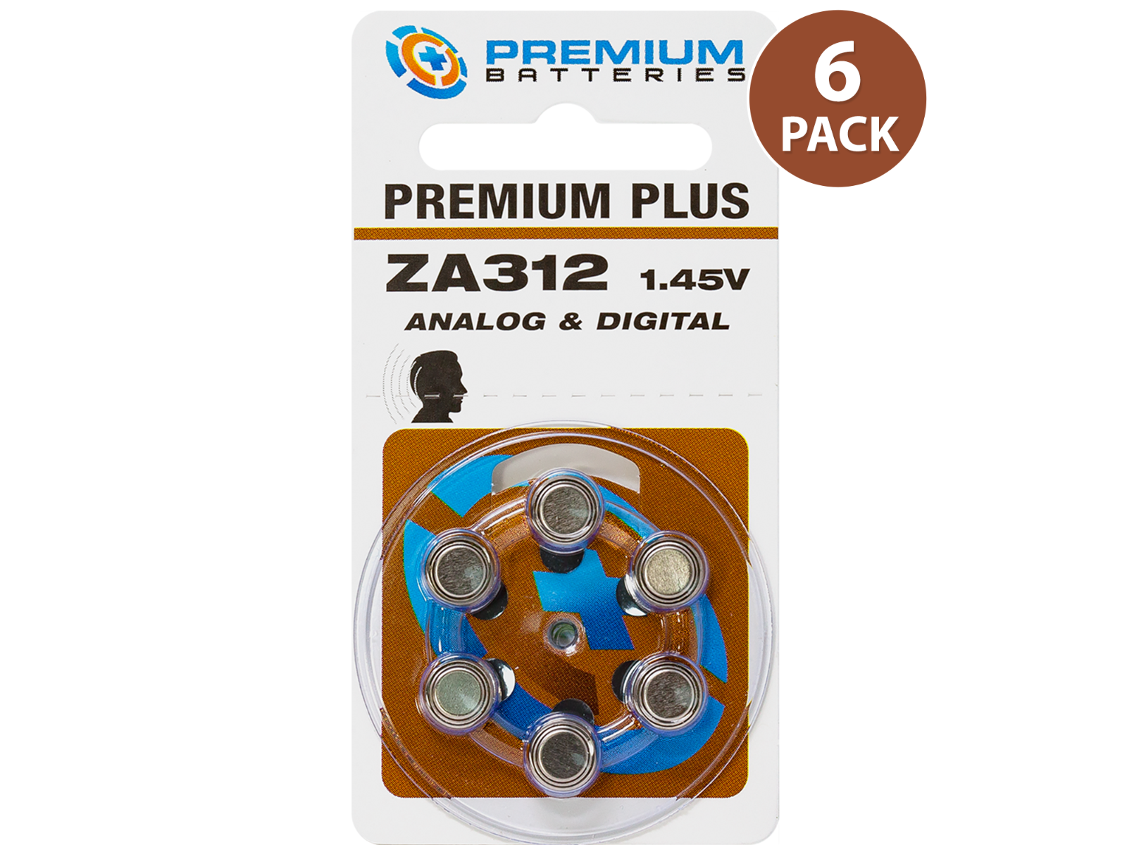 Premium Batteries Premium Plus Size 312 Zinc Air Mercury Free Hearing Aid Batteries, Dial Card (6 pcs.)