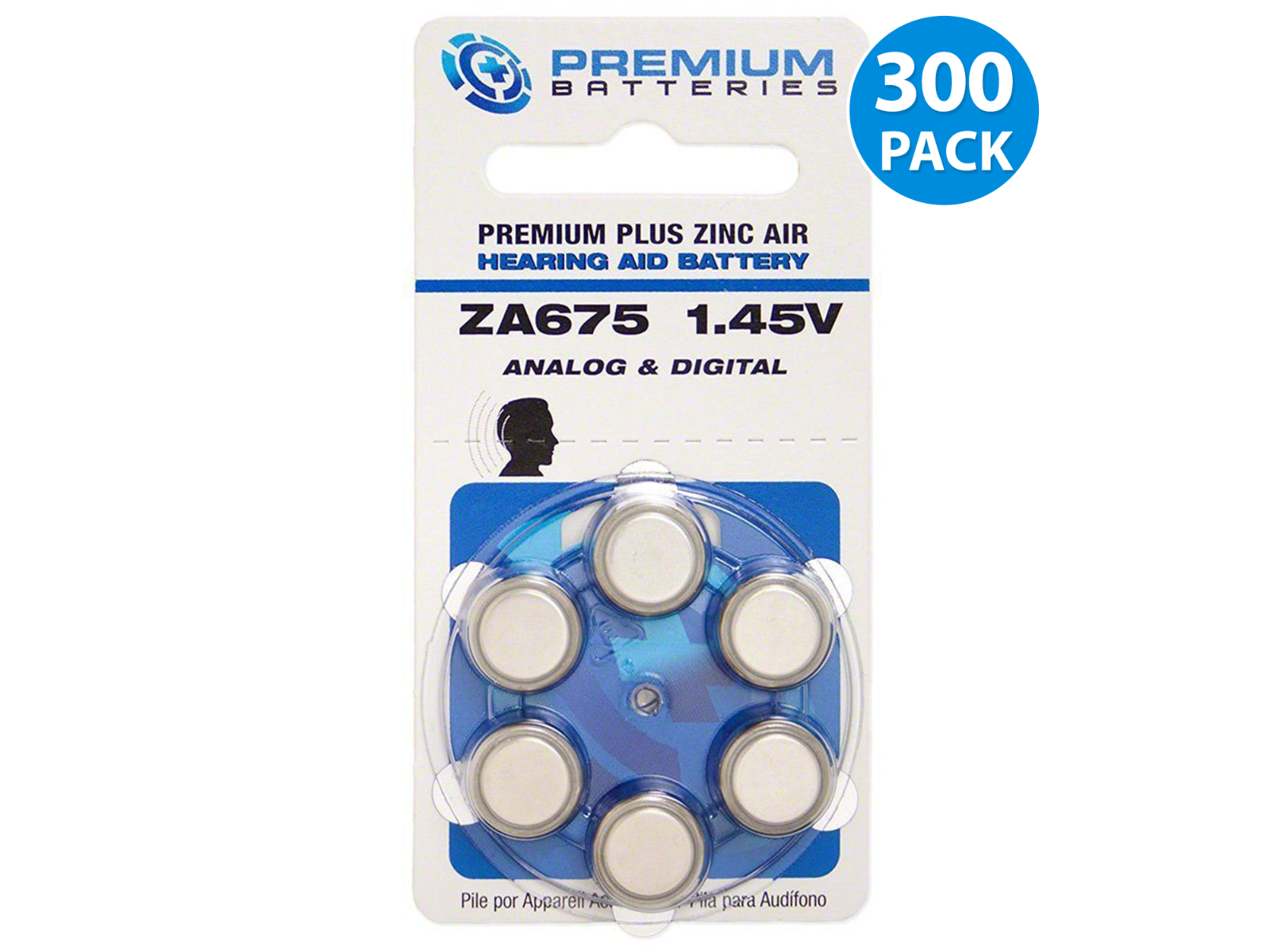 Premium Batteries Premium Plus Size 675 Zinc Air Mercury Free Hearing Aid Batteries, Dial Card (300 pcs.)