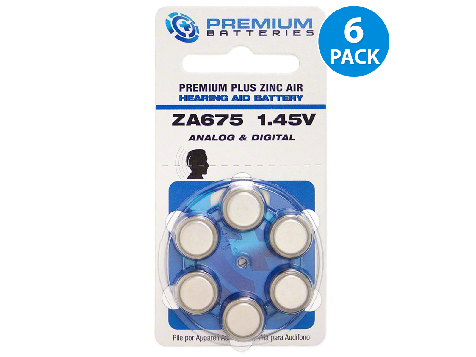 Premium Batteries Premium Plus Size 675 Zinc Air Mercury Free Hearing Aid Batteries, Dial Card (6 pcs.)