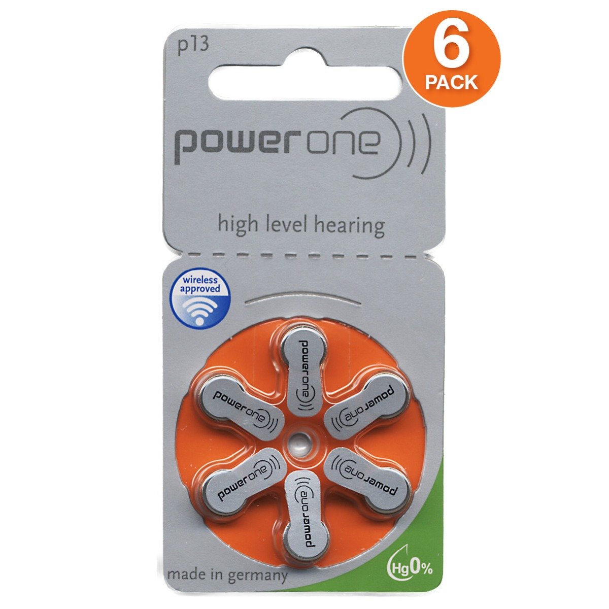 Power One Size P13 Hearing Aid Battery, Mercury-Free (6 pcs.)