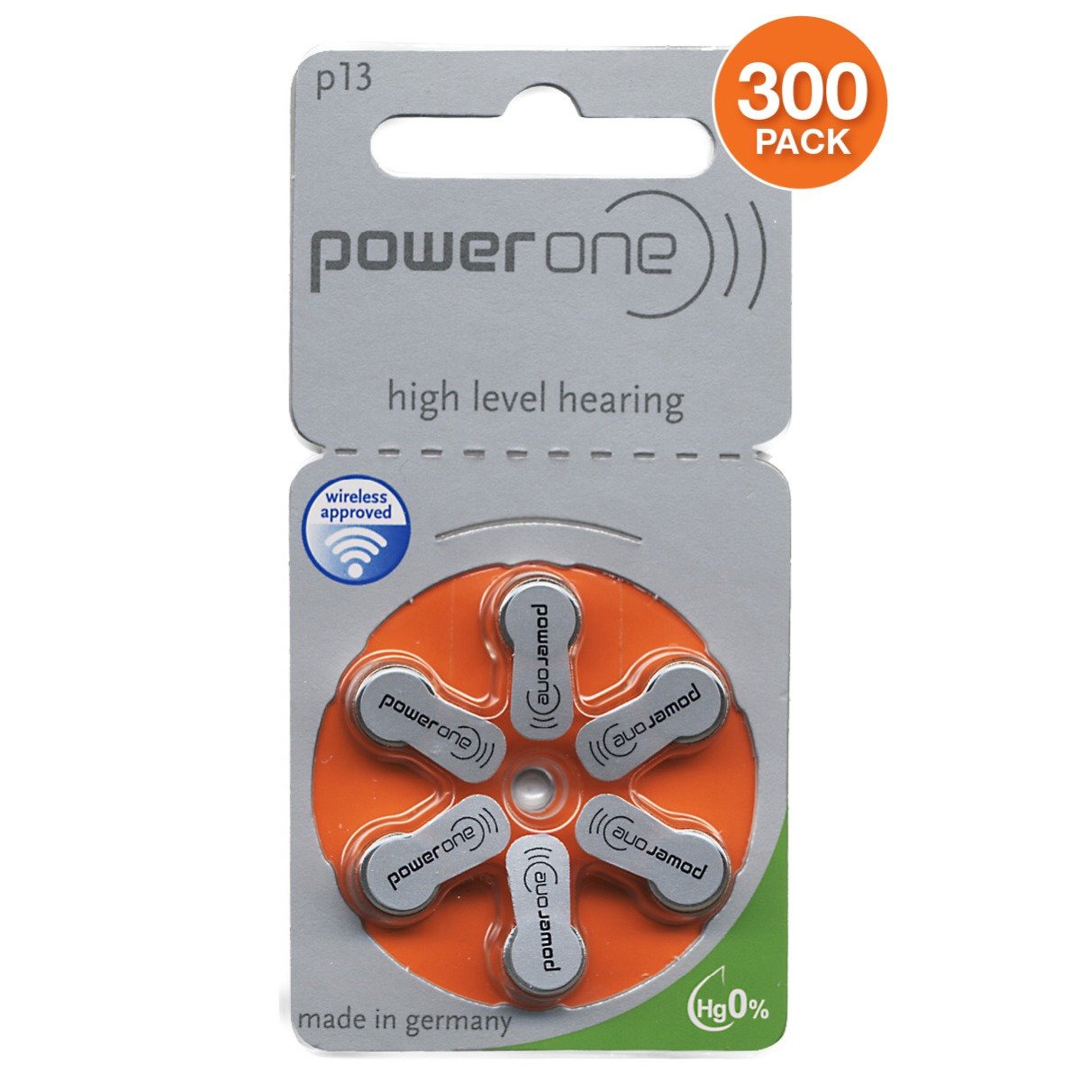 Power One Size P13 Hearing Aid Battery, Mercury-Free (300 Pcs.)