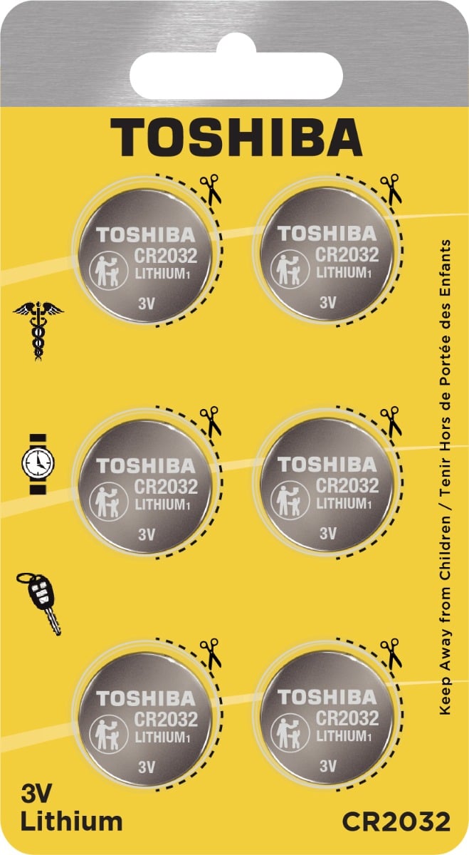 Toshiba CR2032 Battery 3V Lithium Coin Cell (6 PCS Child Resistant Blister Package) 