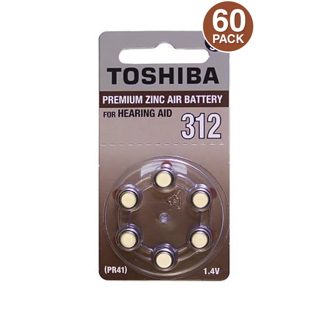 Toshiba Size 312 Hearing Aid Batteries PR41 (60 Batteries)