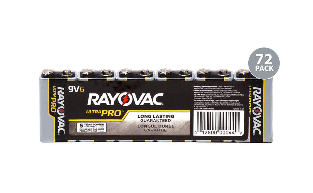 Rayovac Ultra Pro Alkaline 9V Batteries (1 Box - 72 Batteries) Bulk Pack