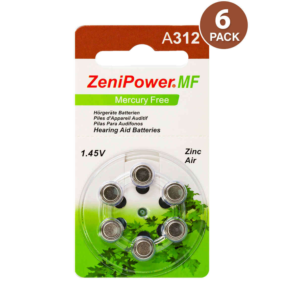 ZeniPower Size 312 Hearing Aid Battery, Mercury-Free (6 Pcs.)