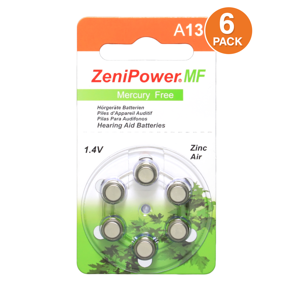 ZeniPower Size 13 Hearing Aid Battery, Mercury-Free (6 Pcs.)