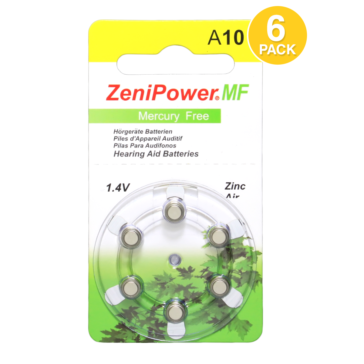 ZeniPower Size 10 Hearing Aid Battery, Mercury-Free (6 pcs.)