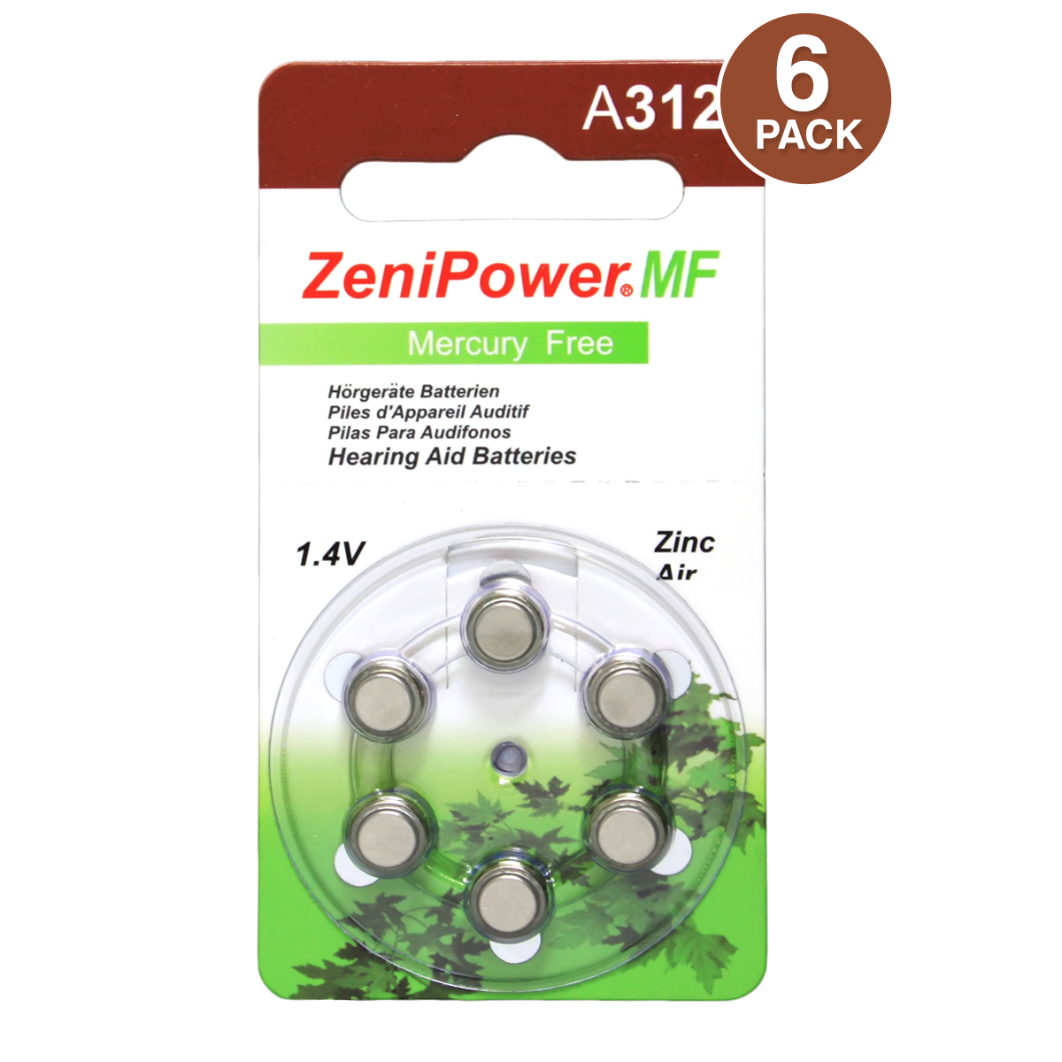 ZeniPower A312 Hearing Aid Battery 6 pcs - MERCURY FREE