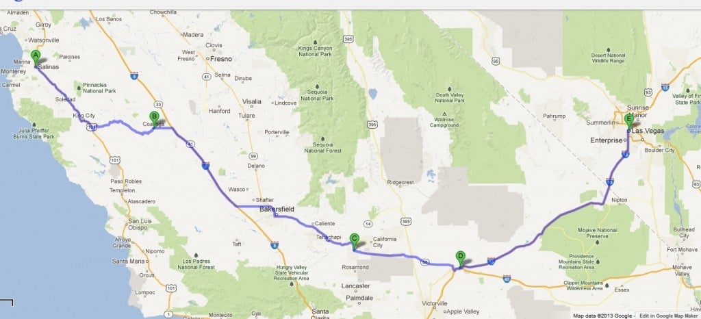 Route for the day.  Salinas to Las Vegas.  Tesla Supercharger stations located in Coalinga and Barstow.